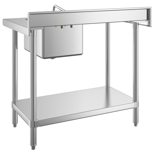 A Regency stainless steel work table with a sink on the right.