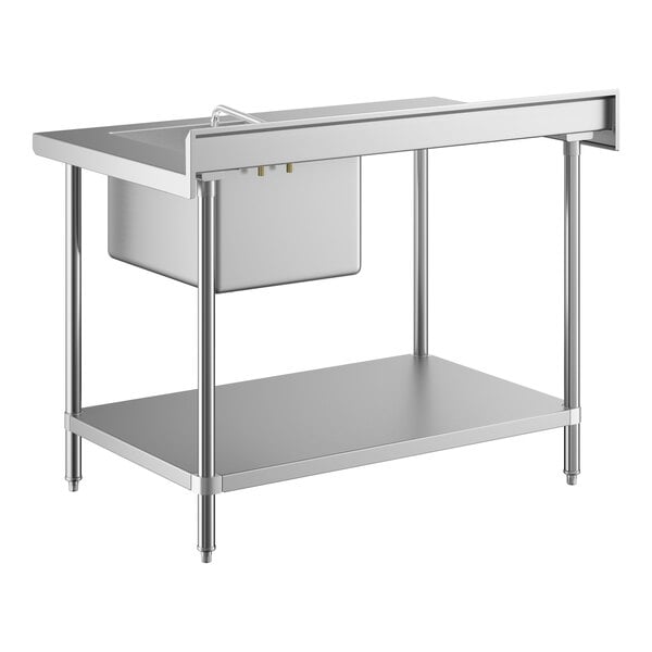A stainless steel work table with a sink and faucet on the right side, featuring an undershelf and four sturdy legs.