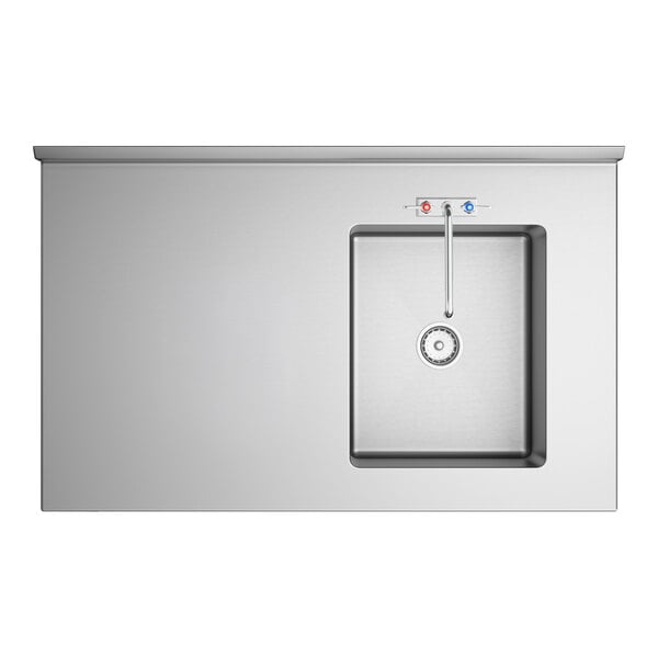 A stainless steel work table with an integrated sink and faucet positioned on the right side.