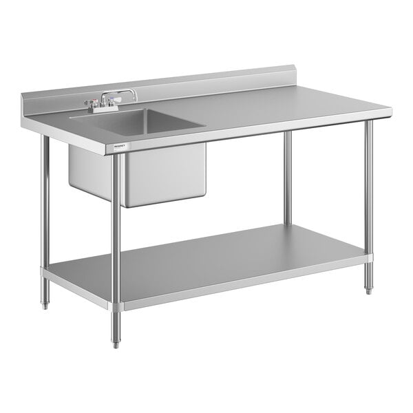 A stainless steel work table with a sink and faucet on the left side, a backsplash, and an undershelf for storage.