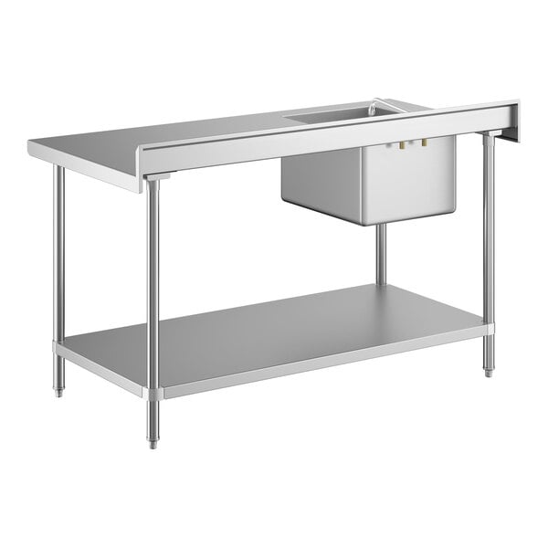 A stainless steel work table with a sink and faucet on the left side and an undershelf for storage.