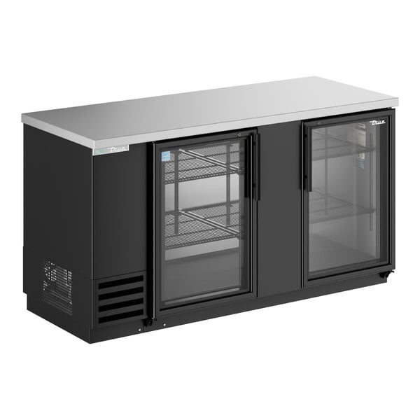 A black True back bar refrigerator with glass doors and LED lighting.