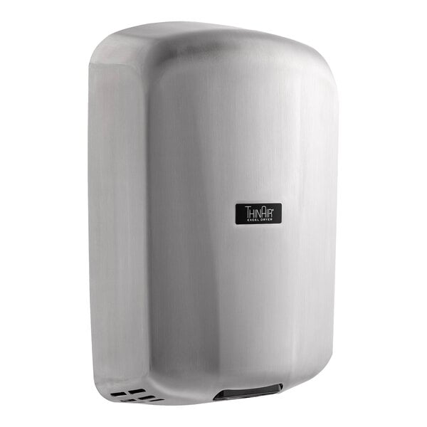 A high-efficiency hand dryer with a brushed stainless steel cover.