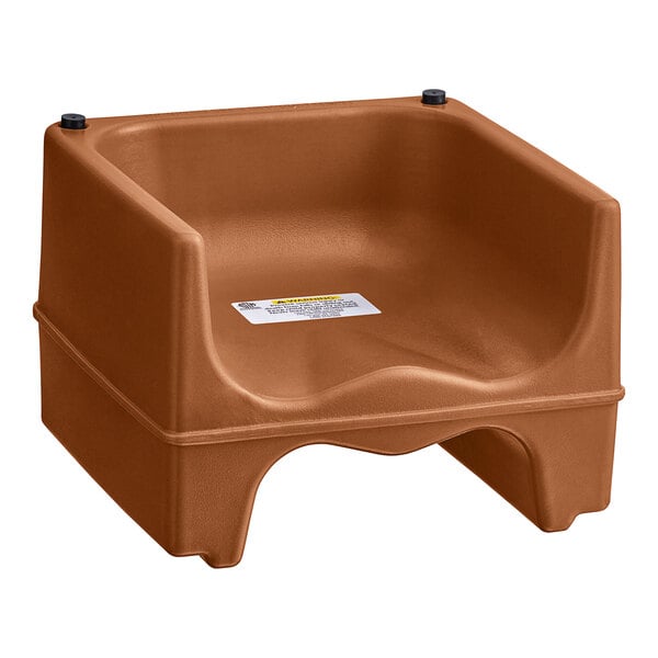A brown plastic Lancaster Table & Seating booster seat with a black handle.