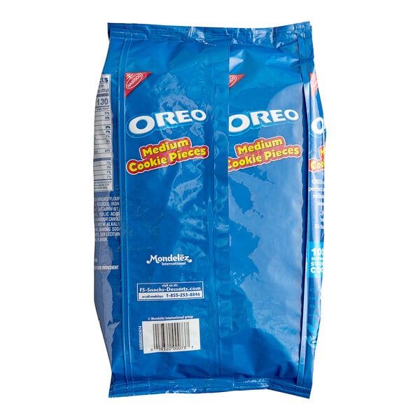 A blue package of Nabisco Oreo cookie pieces.
