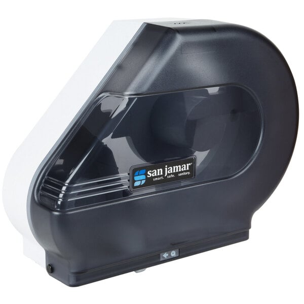 A black San Jamar Reserva jumbo toilet paper dispenser.