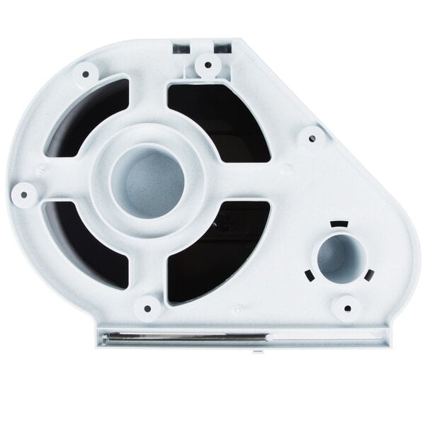 A white plastic San Jamar toilet tissue dispenser with black accents and holes.