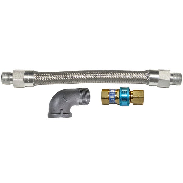 A stainless steel metal pipe with a couple of hose fittings.