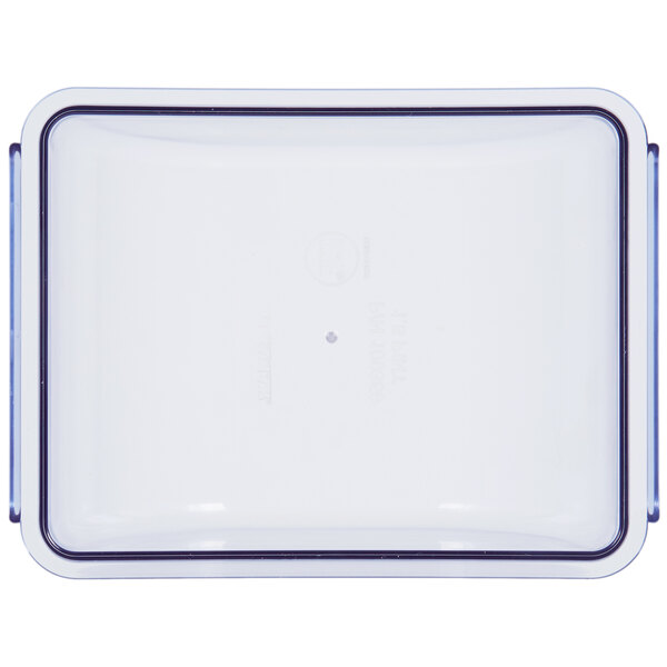 A white rectangular plastic container with a black border and a clear blue lid.
