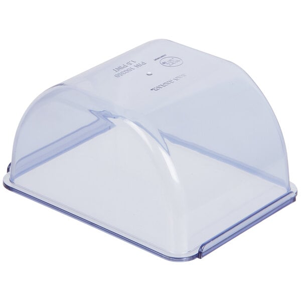A clear plastic container with a blue rim and a clear cover.