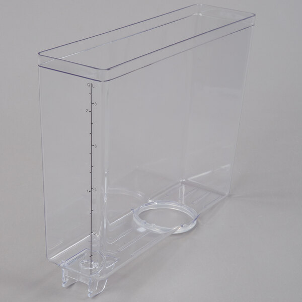 A clear plastic container with a lid and a blue handle for a Crathco refrigerated beverage dispenser.