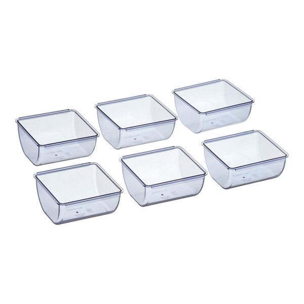A set of six clear, square plastic trays each with a two-pint capacity.