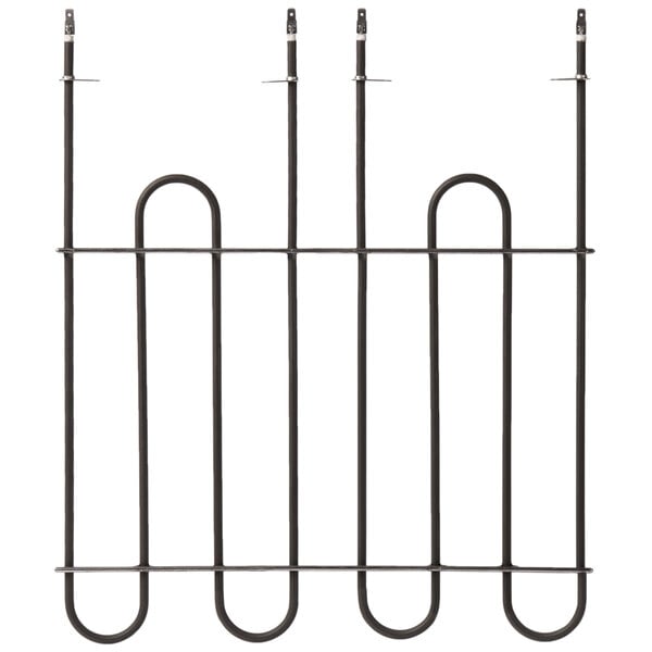 A black metal heating element with curved lines and three hooks.