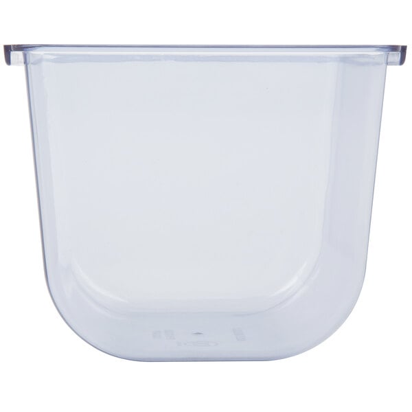 A clear plastic container with a clear lid holding four clear plastic bowls with white borders.