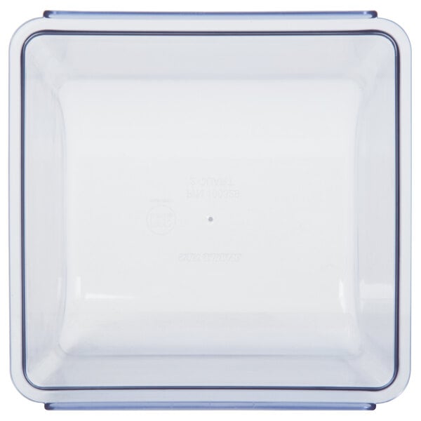 A clear plastic square container with blue trim and a clear plastic lid.