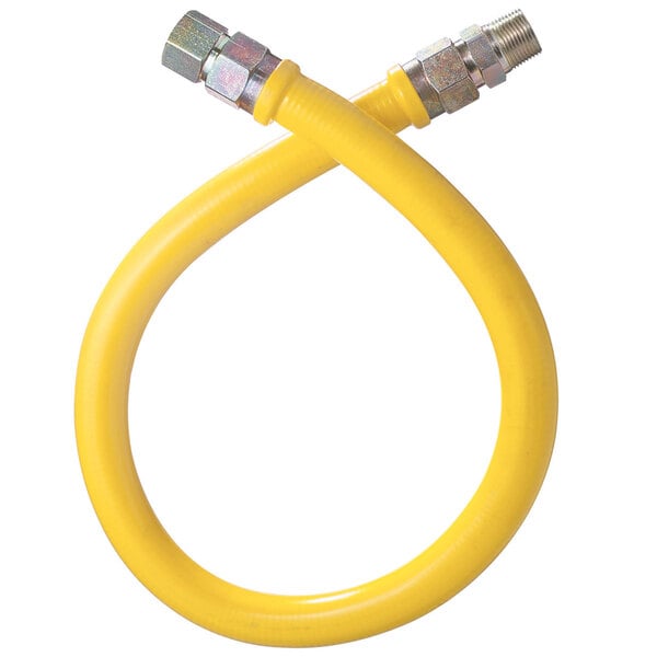 A yellow Dormont gas connector hose with two metal fittings.