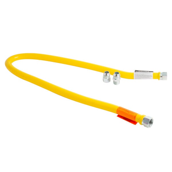 A yellow Dormont gas connector hose with two metal fittings.
