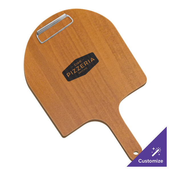 A Menu Solutions country oak wooden pizza paddle with a metal clip.