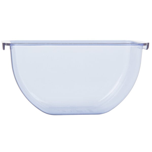 A San Jamar clear plastic bowl with a curved edge.