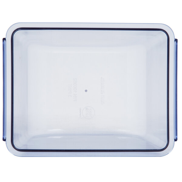 A clear plastic container with black trim and a black circle on top.