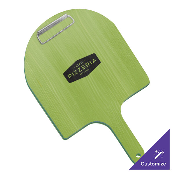 A green pizza paddle with a handle and a black logo.