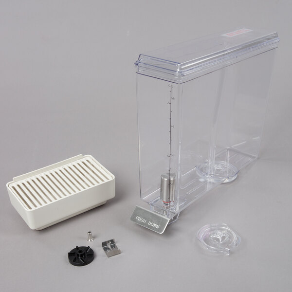 A clear plastic container with a clear lid and a white plastic container with metal.