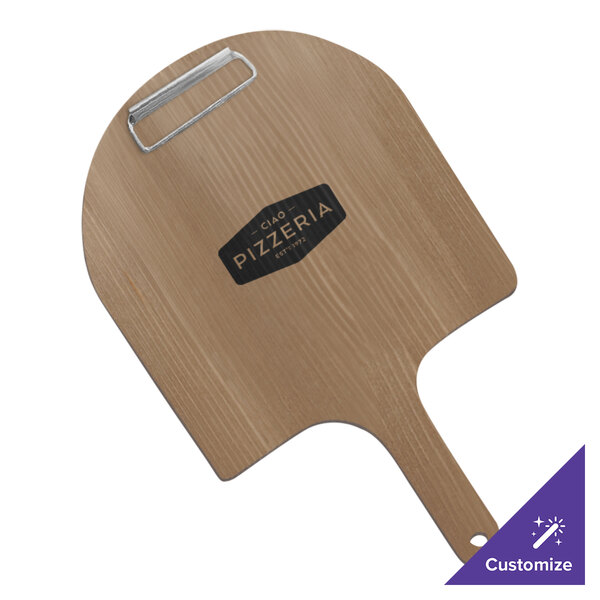 A weathered walnut pizza paddle with a wooden handle.