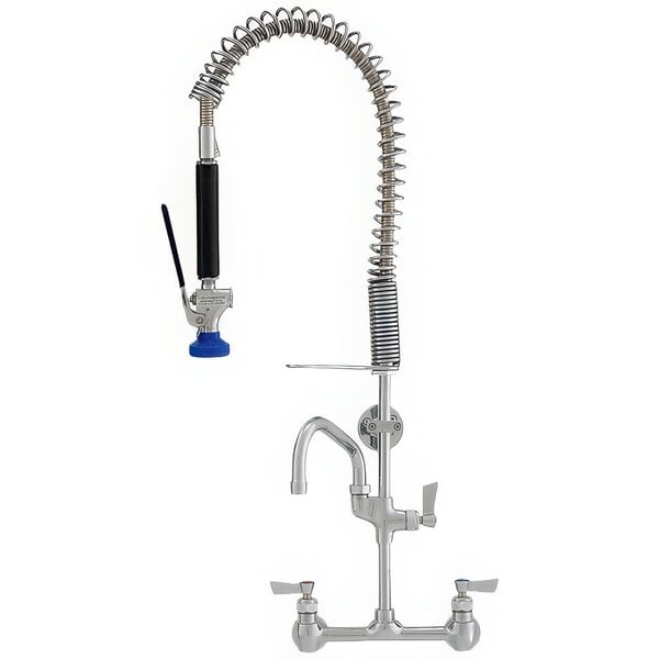 A Fisher low profile pre-rinse faucet with a flexible hose and sprayer.