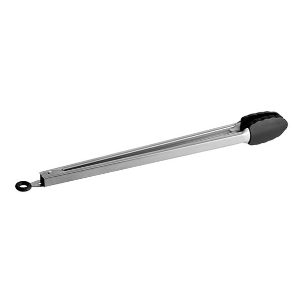 Tablecraft 4016BK 16" Silicone Tip Locking Tongs with a white background.