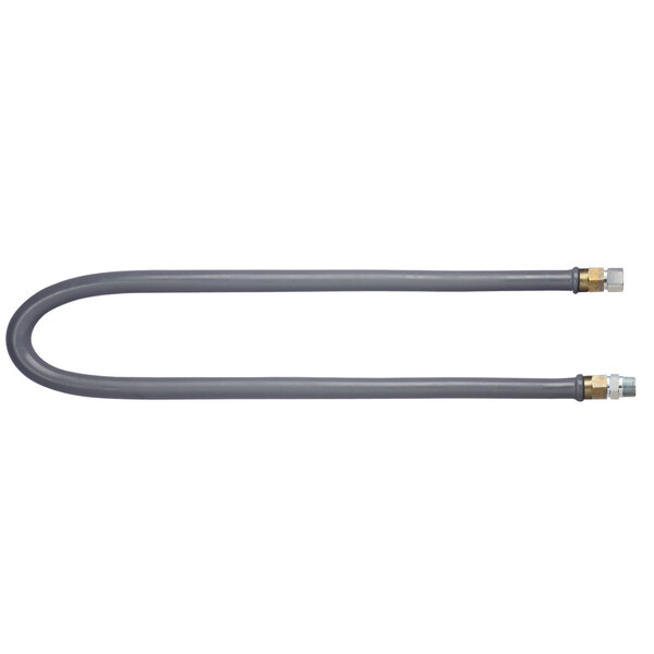 A grey Dormont water connector hose with gold tips.
