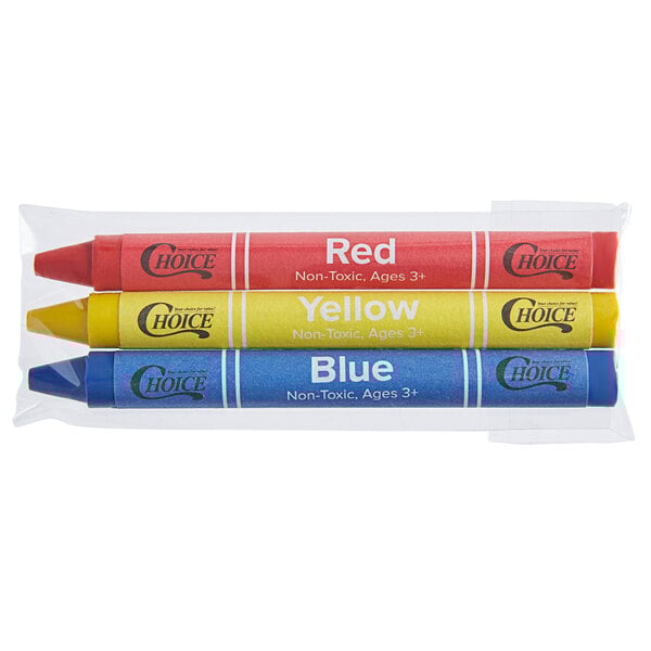 A package of 3 Choice restaurant crayons in cello wrap with red, blue, and yellow crayons.