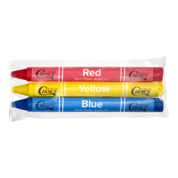 Three crayons—red, yellow, and blue—are packaged together in a clear plastic wrapper.