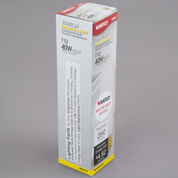 A close-up of the box for a Satco 40 Watt Frosted Incandescent Rough Service Light Bulb.