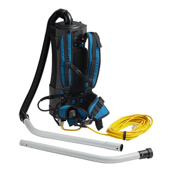 A Lavex backpack vacuum with a hose attached.