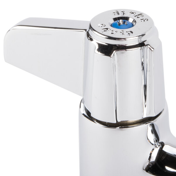 A chrome Equip by T&S deck-mount faucet with blue handles and an 18 1/8" swing nozzle.
