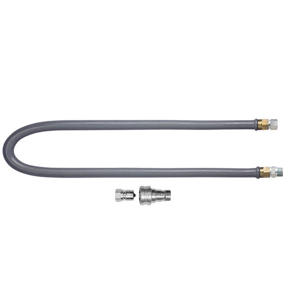 A Dormont stainless steel water connector hose with grey rectangular disconnect nozzles.
