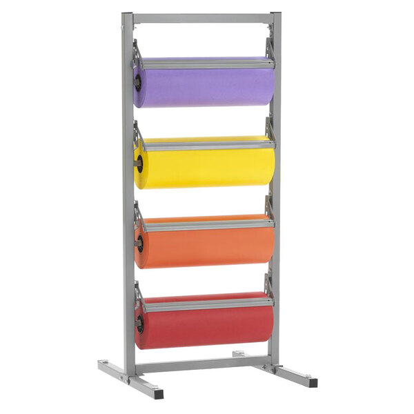 A Bulman paper rack holding four rolls of paper in different colors.