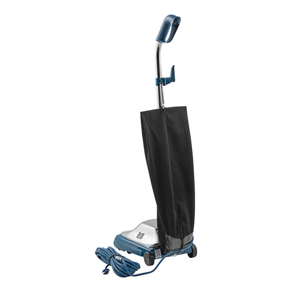A blue and black Lavex upright bagged vacuum cleaner with a black bag on a metal hook.