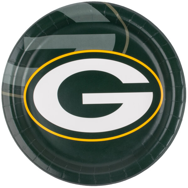 A Creative Converting paper dinner plate with a green and yellow Green Bay Packers logo.