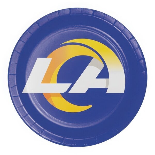 A blue paper dinner plate with a Los Angeles Rams logo on it.