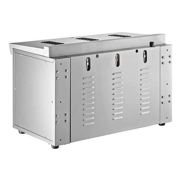 A silver rectangular Cooking Performance Group salamander broiler with holes in the front.