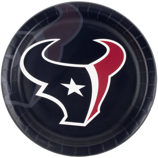 A Creative Converting Houston Texans paper dinner plate with the Houston Texans logo on it.