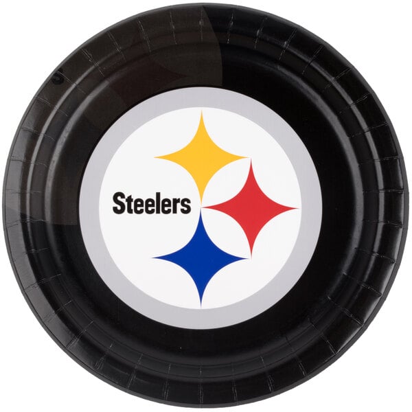 A black Creative Converting paper dinner plate with the Pittsburgh Steelers logo on it.