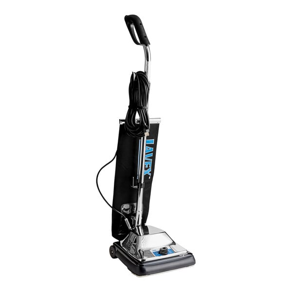 An upright bagged vacuum cleaner with a black dust bag and a chrome handle.