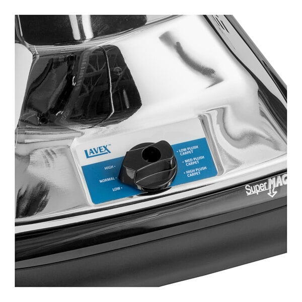 A close-up view of the control dial on a Lavex 12-inch upright bagged vacuum cleaner.