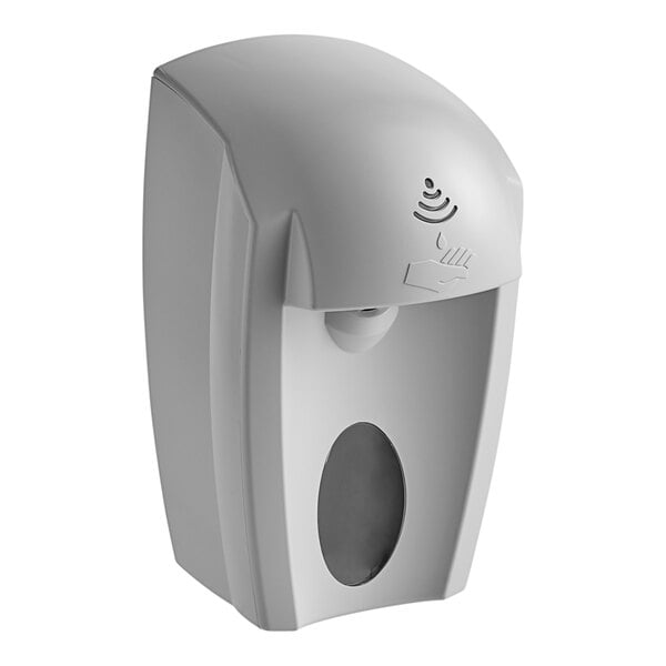 A gray automatic hands free soap / sanitizer dispenser with a black button.