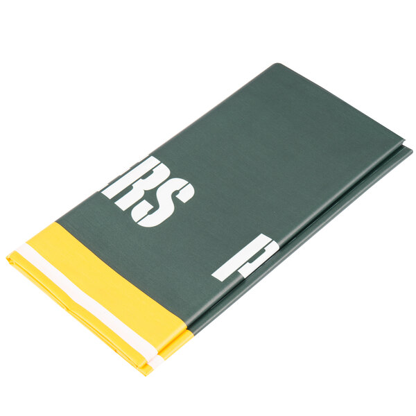 A Creative Converting Green Bay Packers table cover package with green and yellow packaging with the word Green Bay Packers on it.