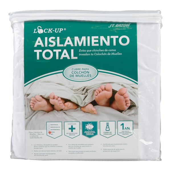 A packaged JT Eaton Twin XL size bed bug proof box spring cover.