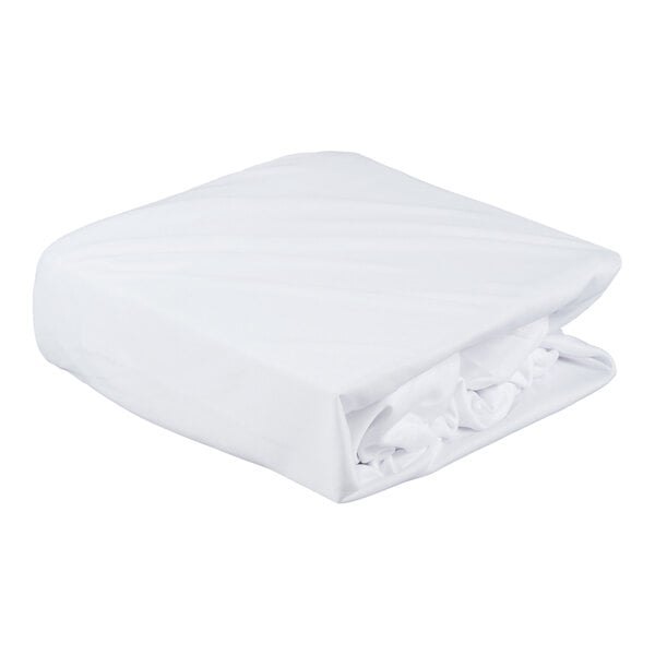 A folded white Twin XL size bed bug proof box spring cover.