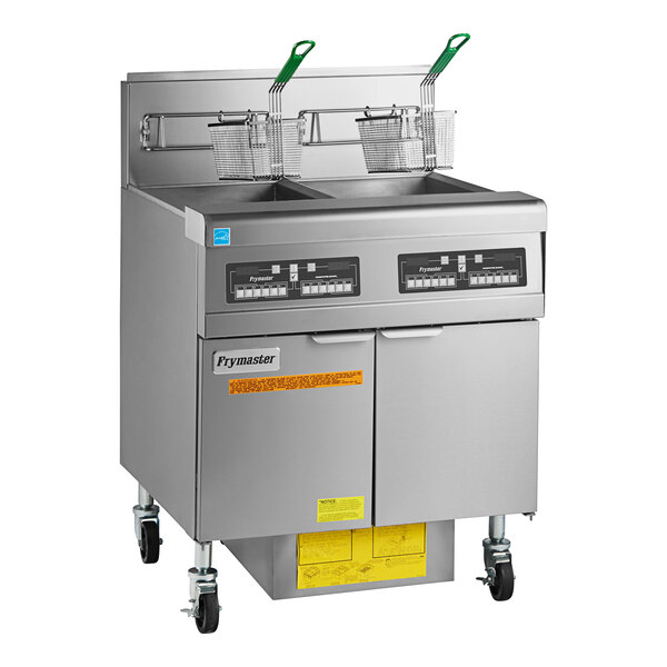 A Frymaster liquid propane gas floor fryer system with two drawers and two baskets on wheels.